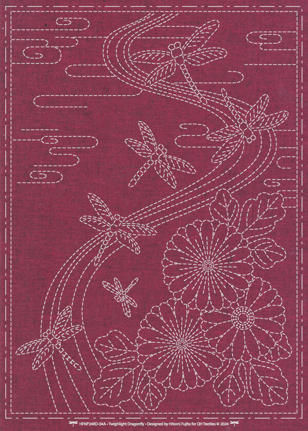 Sashiko Cloth ” Twilight Dragonfly” Burgundy